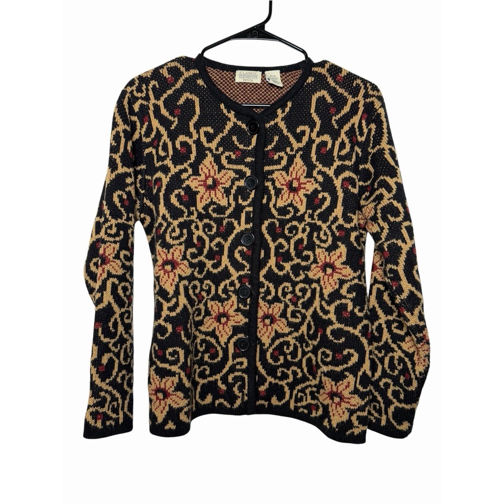Vintage 90s Classic Elements Petite Cardigan MP Black Floral Tapestry Sweater